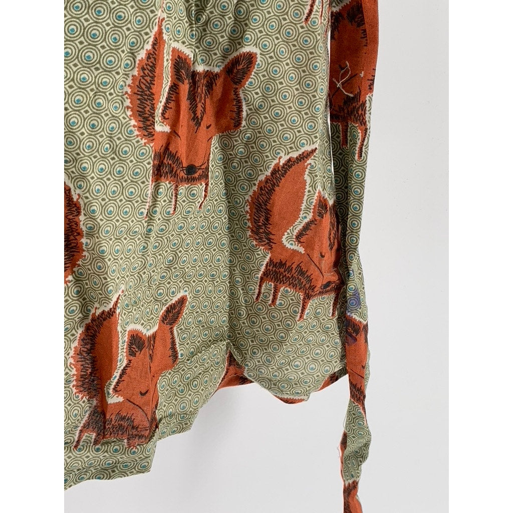 SM WARDROBE Women's Green Fox Print Sleeveless Tie-Back Mini Dress SZ S