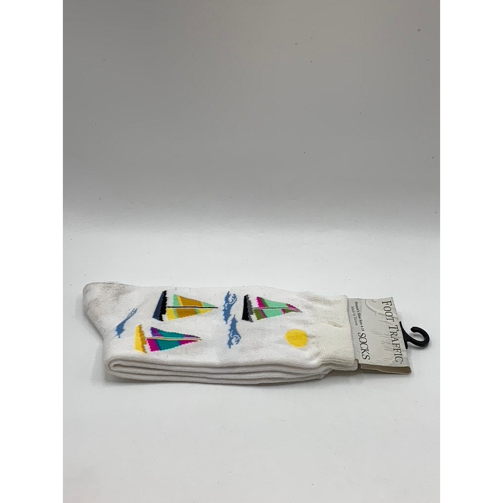 FOOT TRAFFIC Women's White Multi Sail Print Crew Socks SZ 4-10