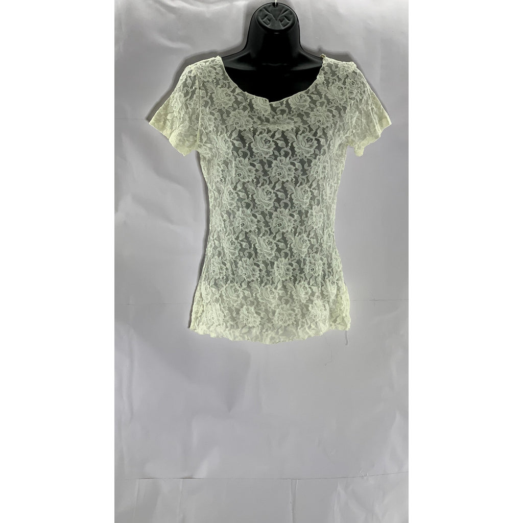 UNBRANDED Women's Cream Lace Floral Scoop-Neck Short Sleeve Top SZ S