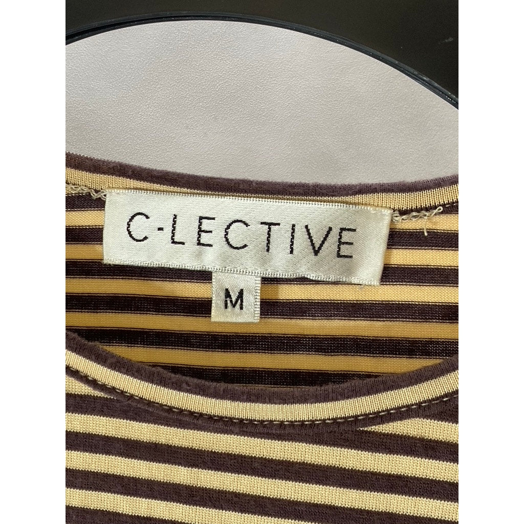 C-LECTIVE Women’s Tan-Brown Striped Crewneck 3/4 Sleeve Top SZ M