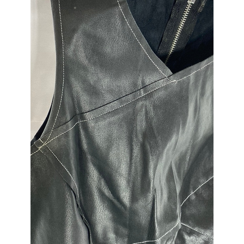 ZARA BASIC Women's Black Faux-Leather Contrast Stitch Back Zipper Top SZ M