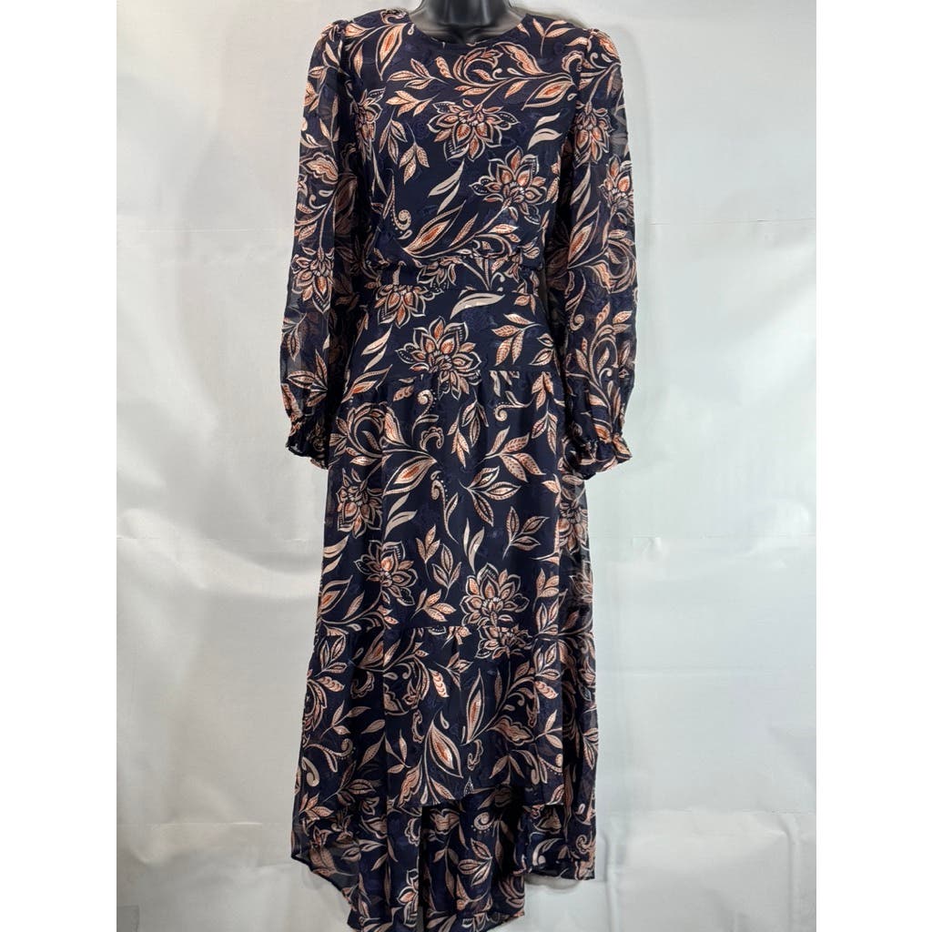 ELIZA J Women's Navy Floral Jewel Neck Tiered Chiffon Long Sleeve Dress SZ 8