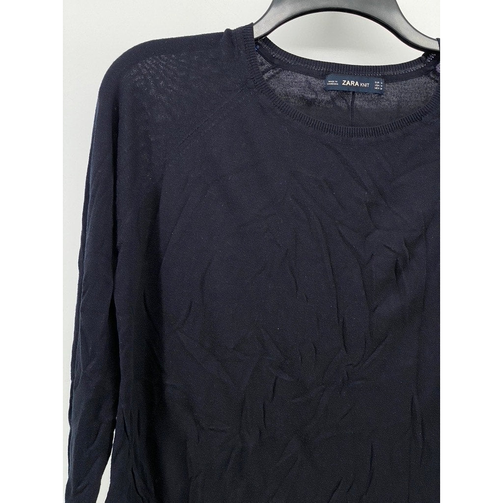 ZARA KNIT Women's Navy Blue Crewneck Long Sleeve Hi-Low Pullover Sweater SZ M