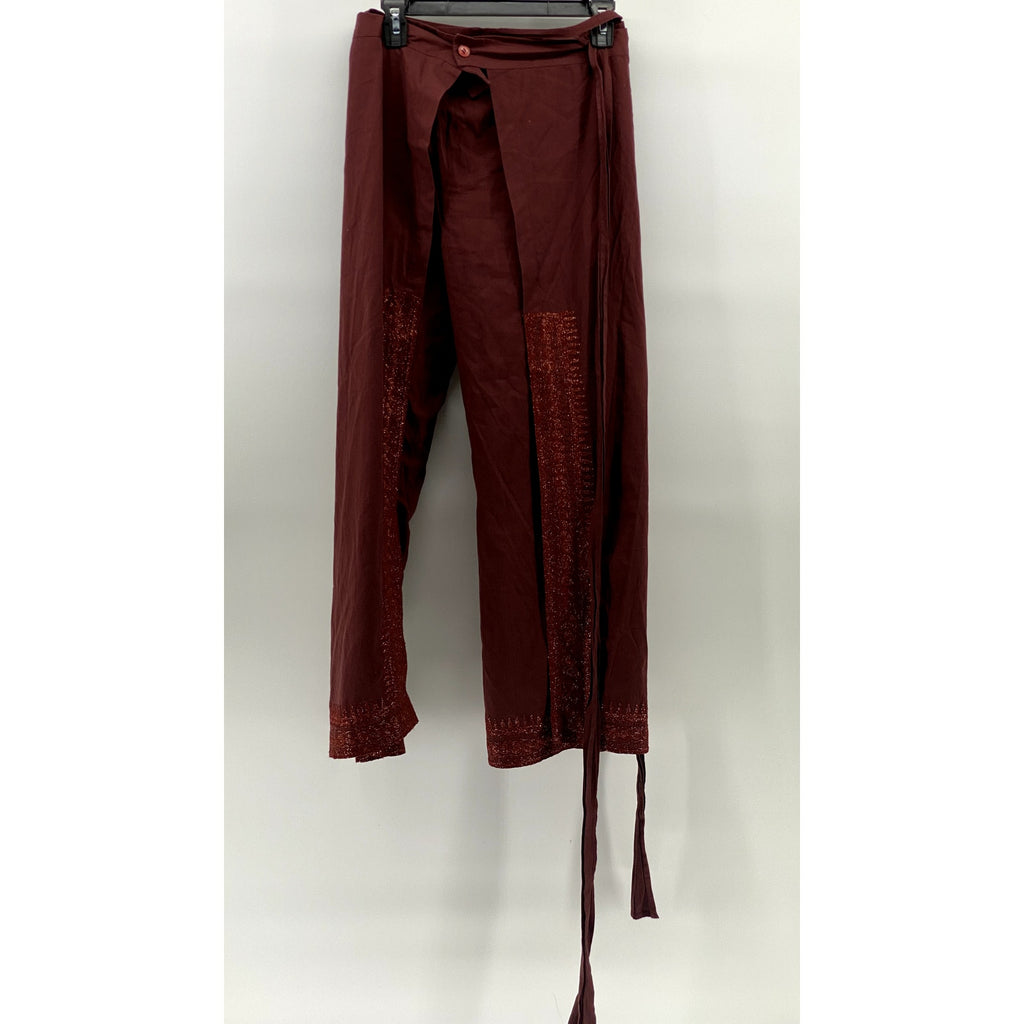 H&M Women's Burgundy Glitter Embroidered Trim Wrap Side Slit Pants 4