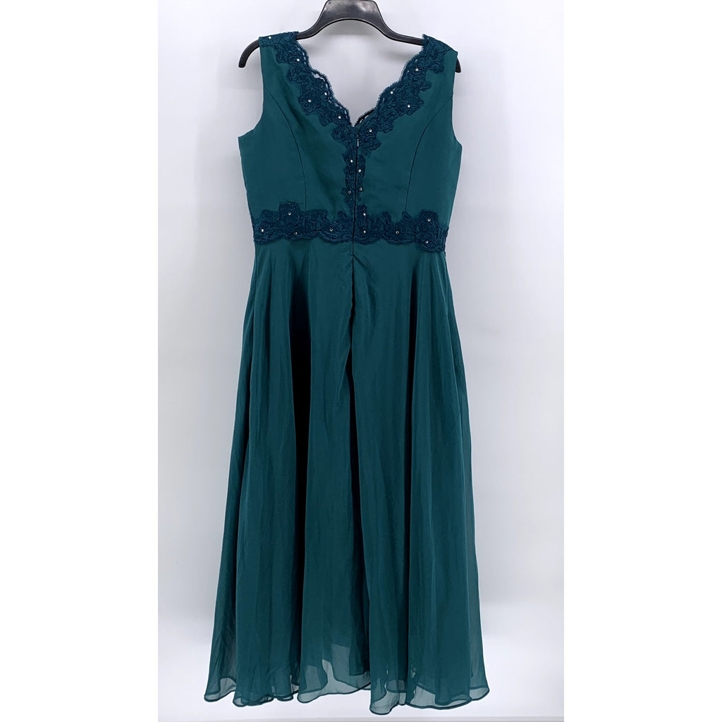 UNBRANDED Women's Dark Green Floral Embroidered Lace Maxi Gown SZ 16