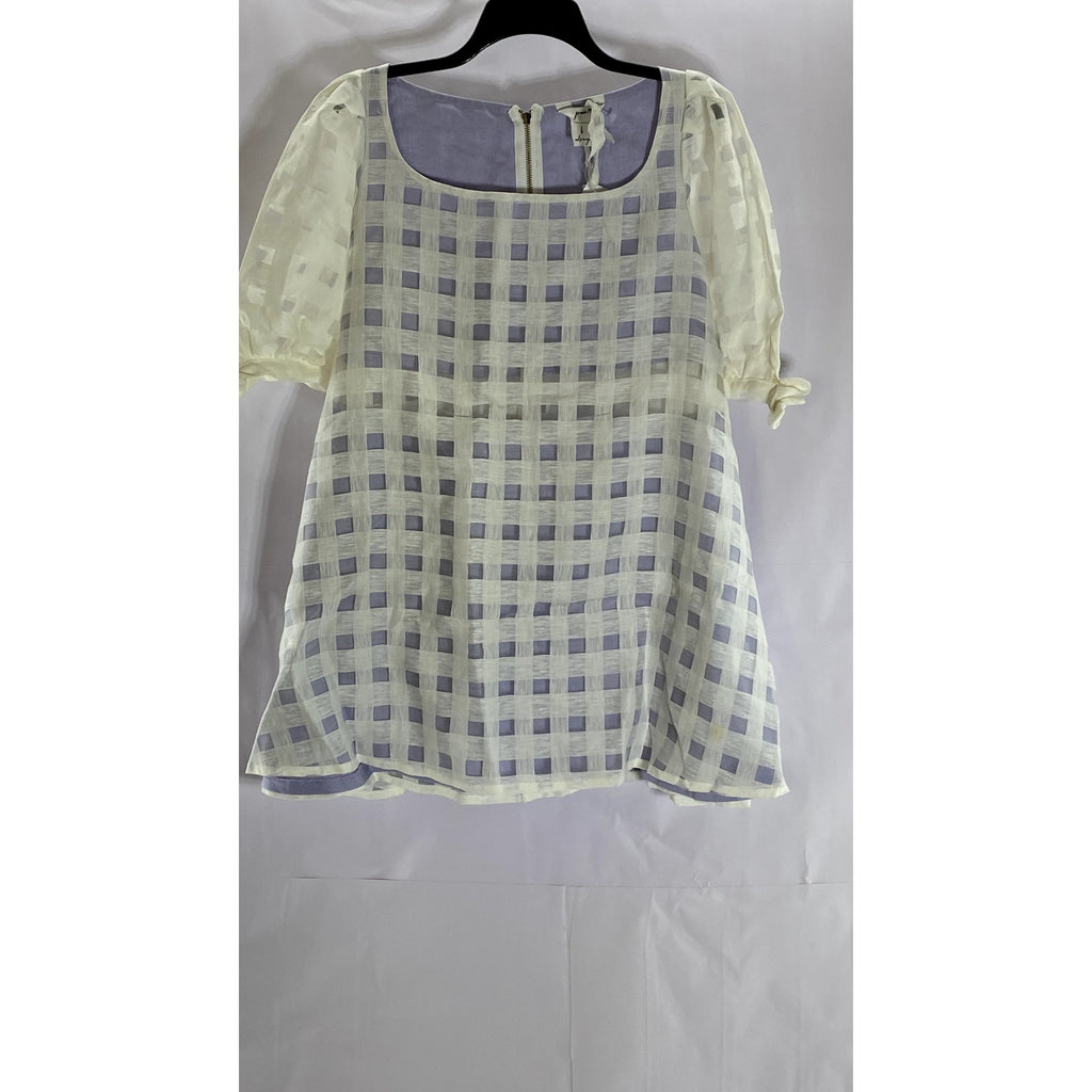 PARIS 99 Women's Purple/White Lace Checkered Puff-Sleeve Mini Dress SZ 6