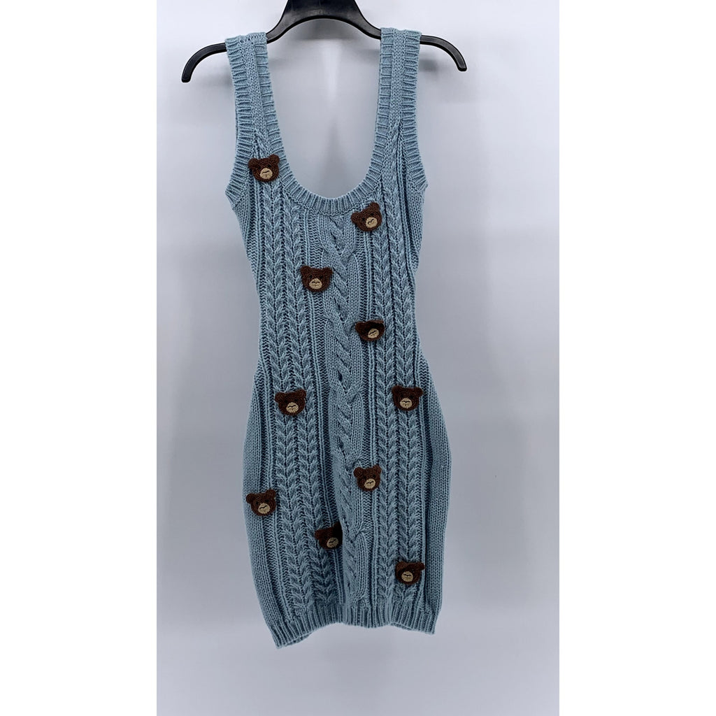 DOLLSKILL Women’s Blue Crochet Knit 3D Bear Head Scoop-Neck Mini Dress SZ M