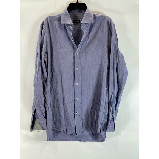 ERMENEGILDO ZEGNA Men's Blue Micro Herringbone Button-Up Long Sleeve Shirt SZ M