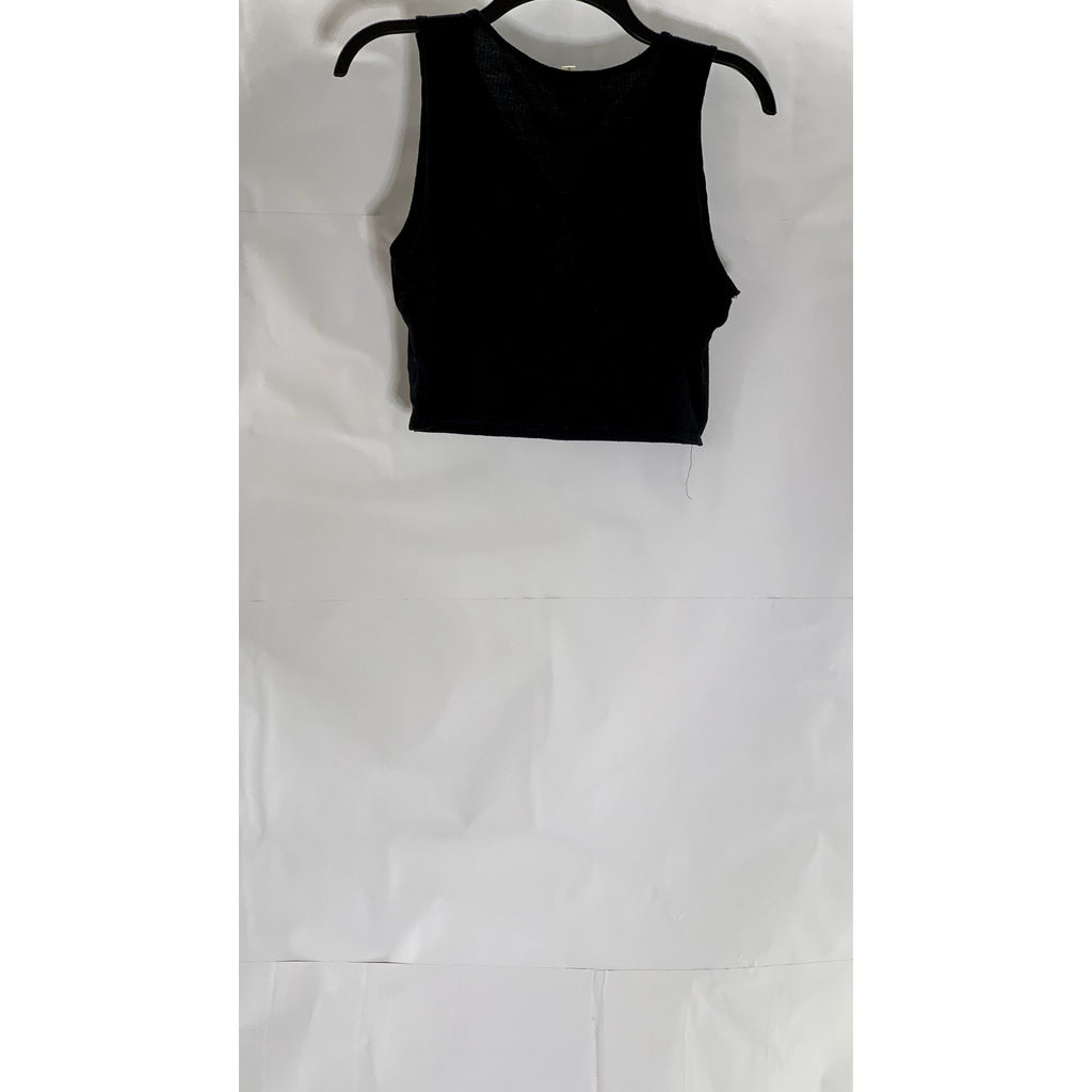 SILENCE + NOISE Women's Black Ribbed Button-Front Keyhole Crop Top SZ S
