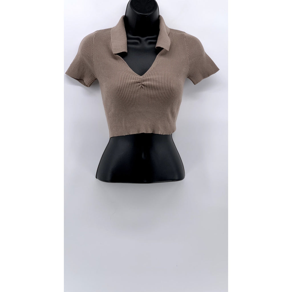 ACTIVE USA Women's Brown Ribbed Short Sleeve Crop Top SZ S