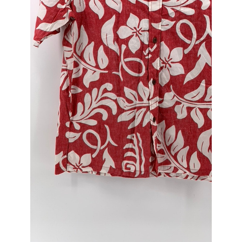 BISHOP ST. APPAREL Men's Vintage Red-White Hawaiian Floral Button-Up Shirt SZ M