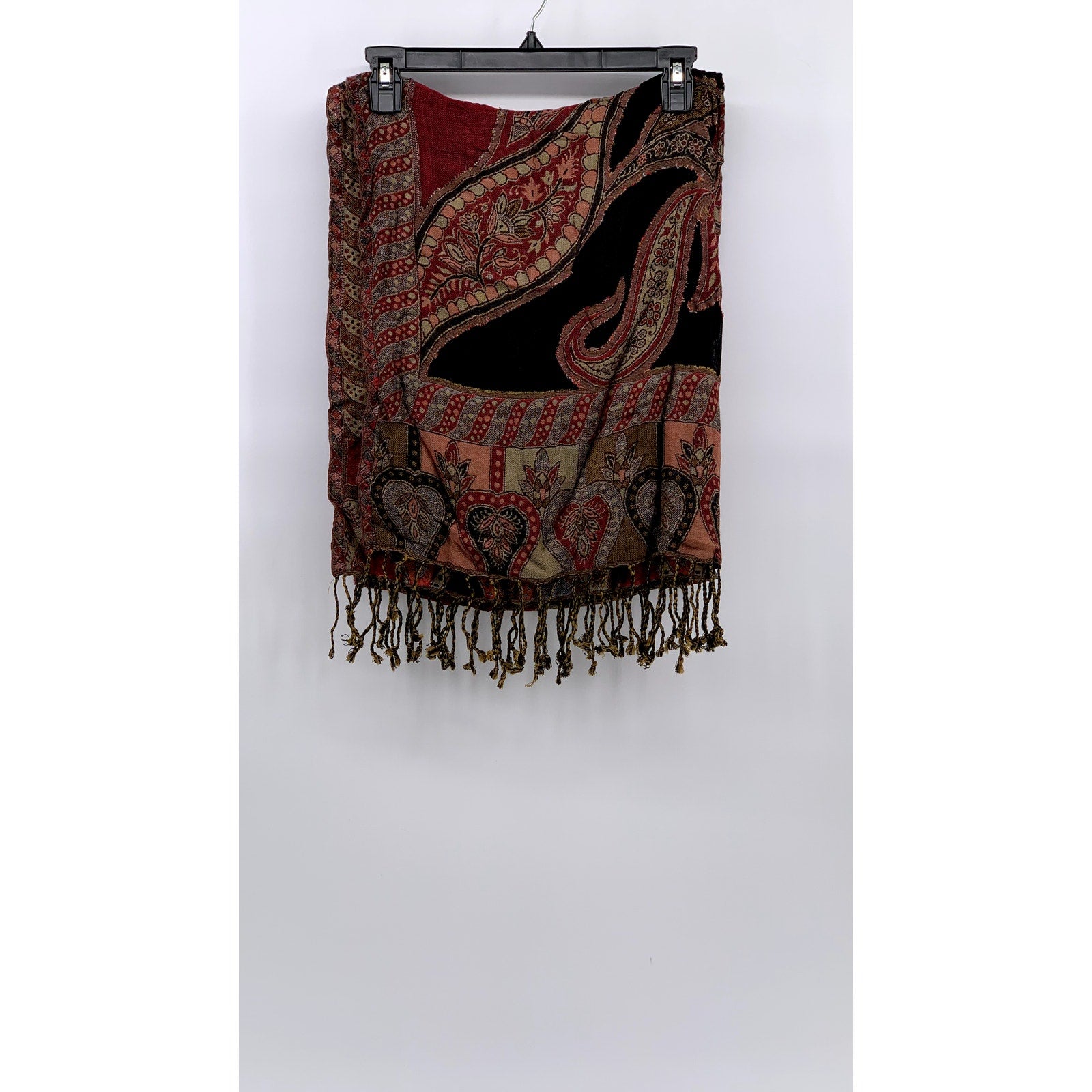 UNBRANDED Women's Brown-Orange Paisley Fringe Knit Shawl