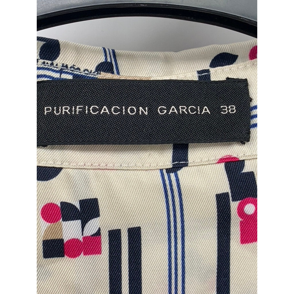 PURIFICACION GARCIA Women's Beige-Navy Printed Split-Neck Blouse SZ 38(US-S)