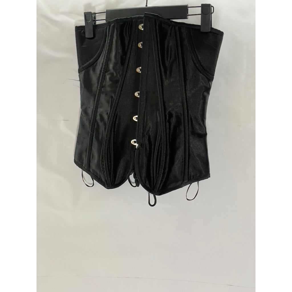 UNBRANDED Women's Black Satin Strapless Lace-Up Back Hook Front Corset Top SZ L