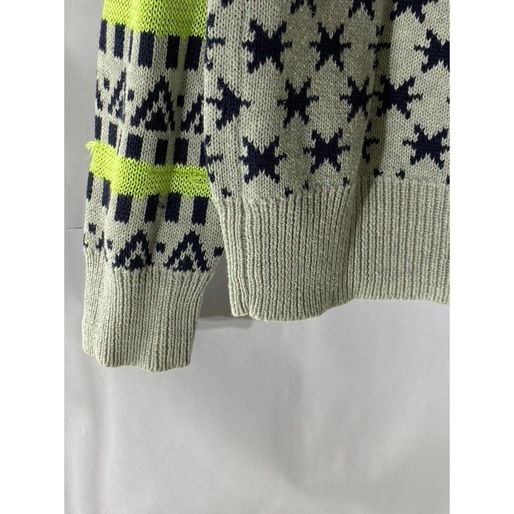UNBRANDED Women's Gray-Neon Green Star-Print Long Sleeve Knit Sweater SZ M