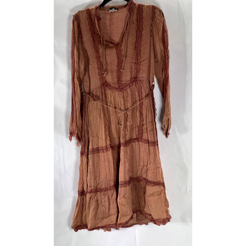 UNBRANDED Women's Burnt Orange Lace-Trim V-Neck Tiered Tie-Waist Midi Dress SZ S