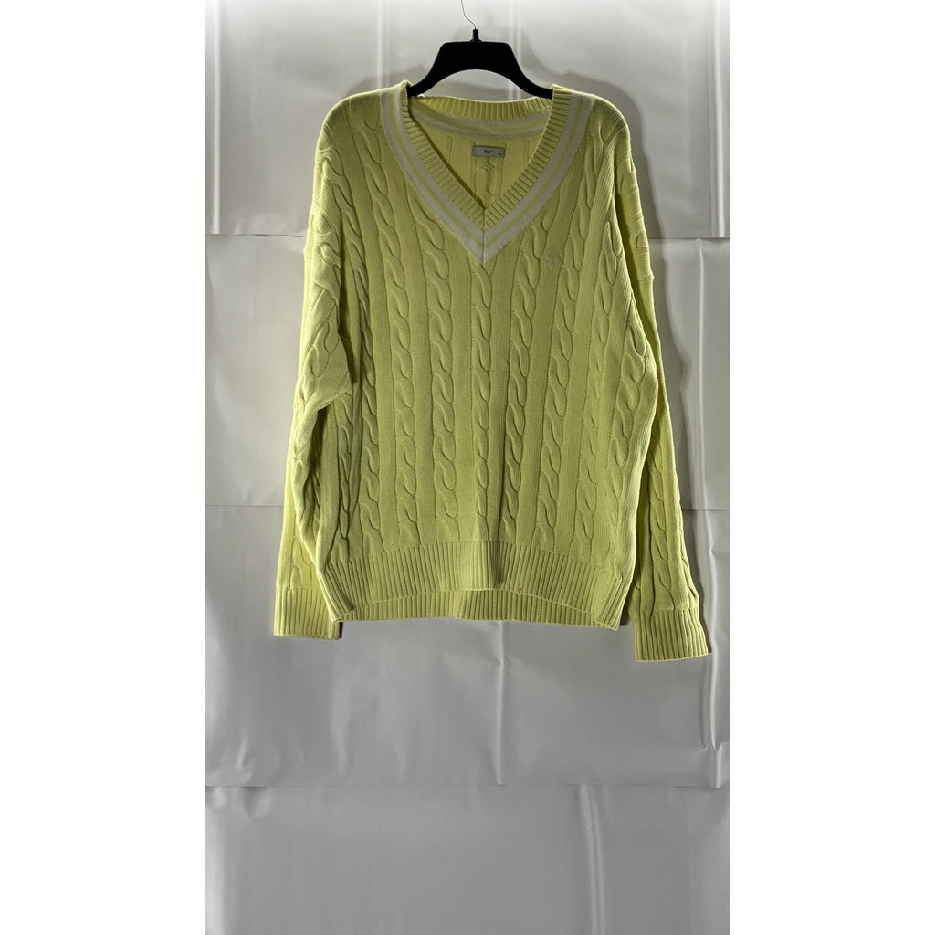 TNA ARITZIA Women's Yellow Cable-Knit V-Neck Dropped-Shoulder Clay Sweater SZ L