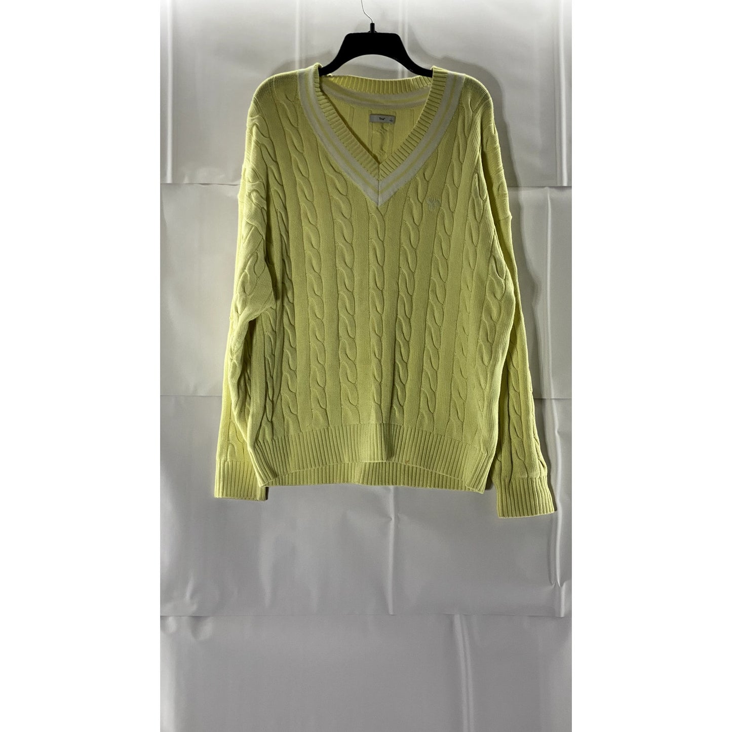 TNA ARITZIA Women's Yellow Cable-Knit V-Neck Dropped-Shoulder Clay Sweater SZ L