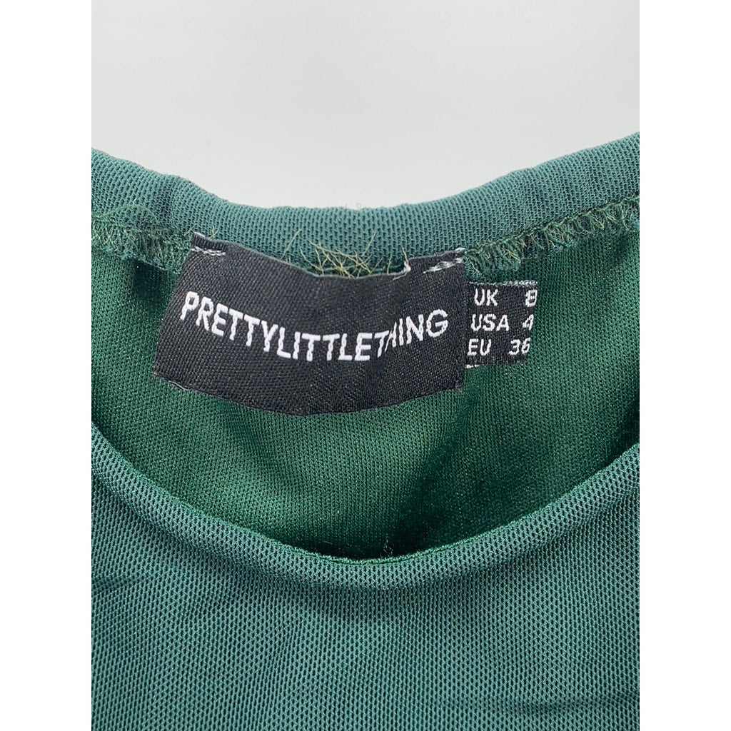 PRETTYLITTLETHING Women's Dark Green Drapey Scoop-Neck Ruffle Corset Top SZ 4