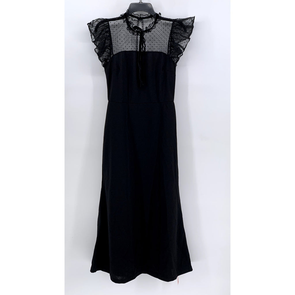 SHEIN Women's Black Lace 1940'S Mesh Insert Wiggle Ruffle Sleeve Dress SZ 6