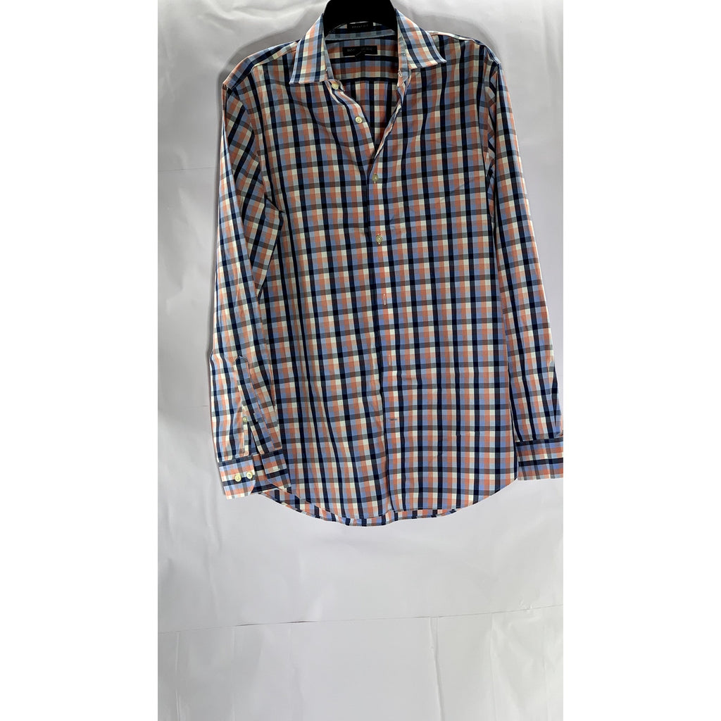 BANANA REPUBLIC Men's Orange/Blue Tri-Tone Gingham Grant Fit Button-Up Shirt SZM