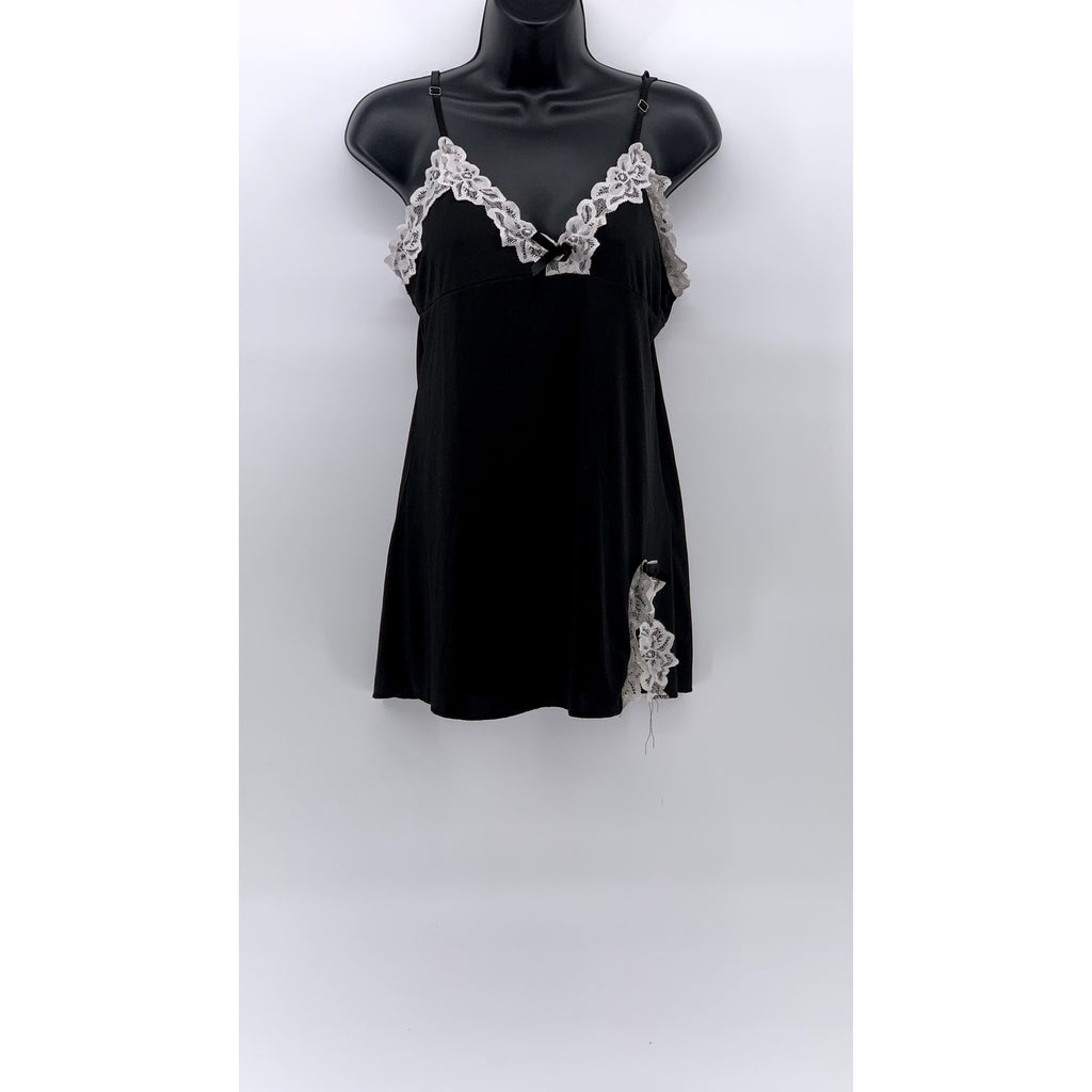 UNBRANDED Women's Black-White Lace-Trim V-Neck Spaghetti Strap Sleep Dress SZ M