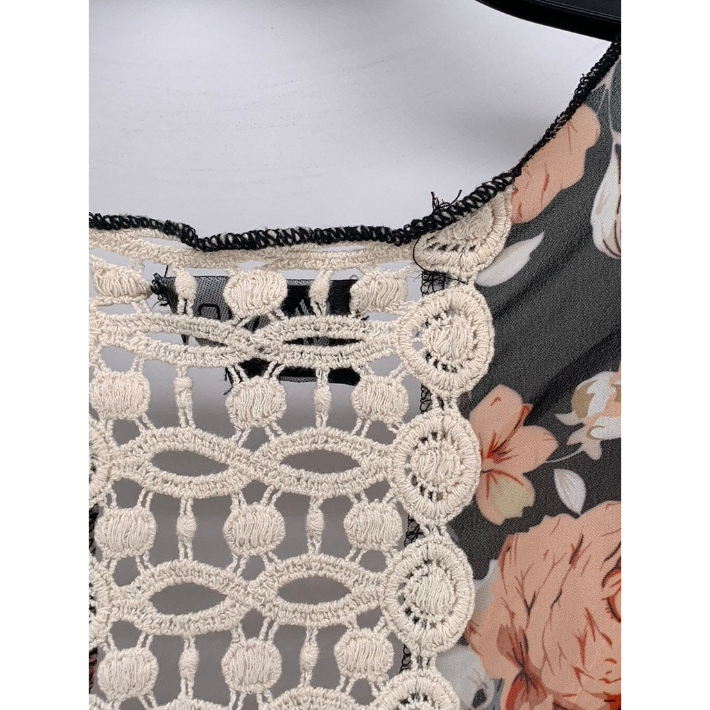 VIBE SPORTSWEAR Women's Black-Beige Floral Print Open-Front Kimono SZ S