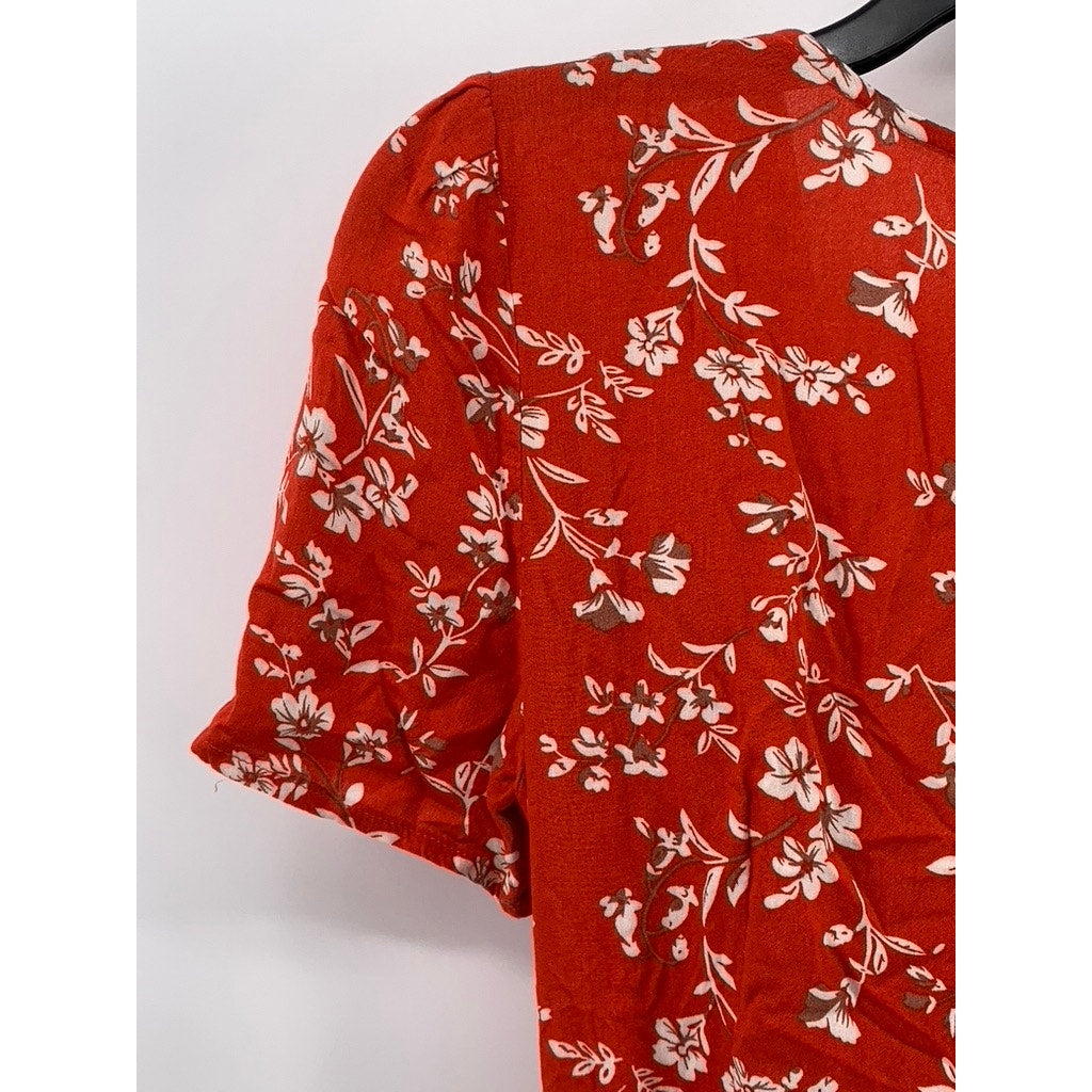 ZAFUL Women's Red Floral Print V-Neck Short Sleeve Mini Wrap Dress SZ S