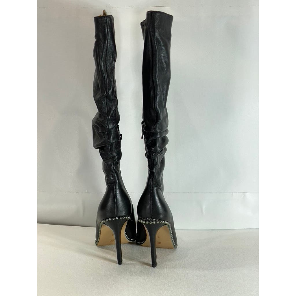 BCBGENERATION Women's Black Leather Harbi Pointed-Toe Stone Knee-High Boots SZ 8