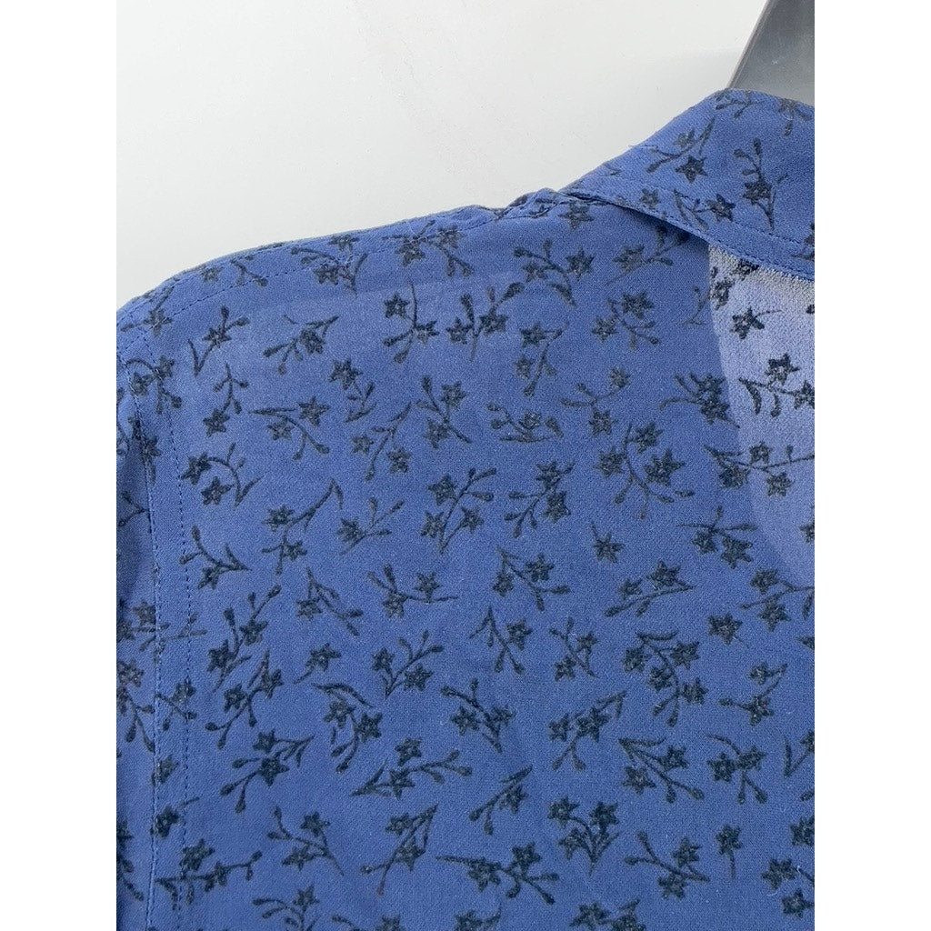 JONES NEW YORK Women's Blue Floral Sheer Button-Up  Long Sleeve Top SZ 14