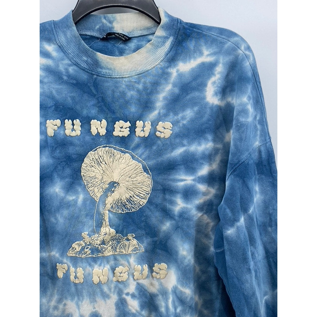 SHEIN Women's Blue-White Tie-Dye Crewneck Fungus Mushroom Sweatshirt SZ 8/10