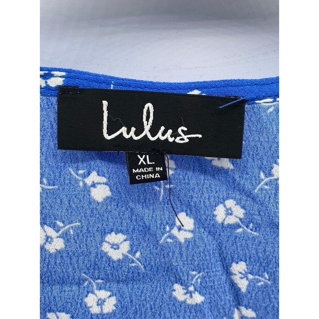 LULUS Women's Royal Blue Floral Short Sleeve Wrap Midi Dress SZ XL