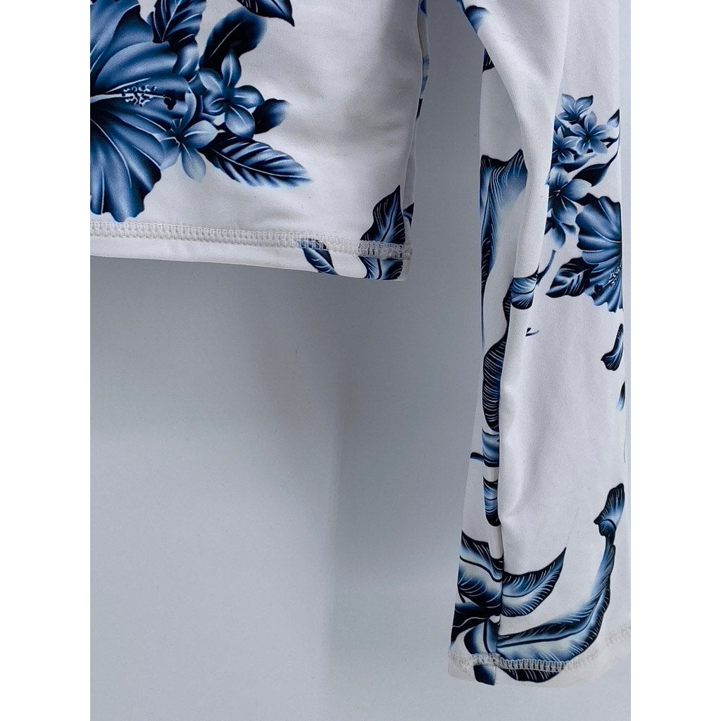 UNBRANDED Women's White-Blue Floral Crewneck Long Sleeve Cropped Swim Top SZ L