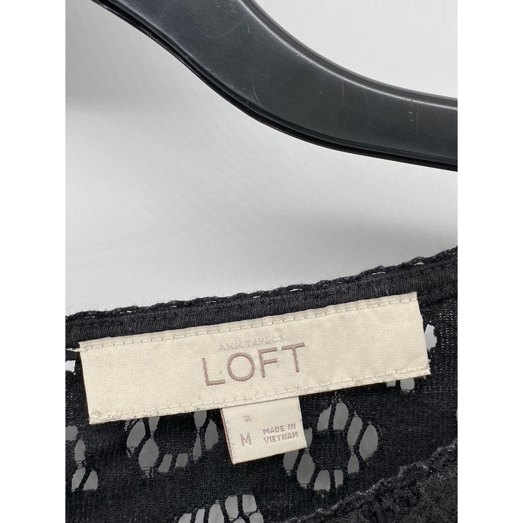LOFT Women's Black Lace Relaxed Fit Boat-Neck Long Sleeve Top SZ M