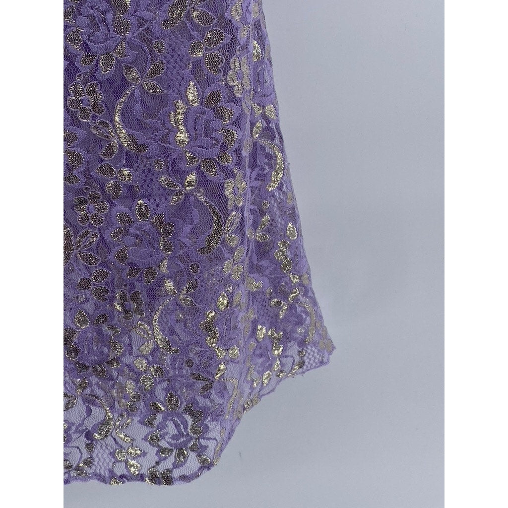 UNBRANDED Women's Purple-Gold Metallic Floral Lace V-Neck Night Gown SZ S