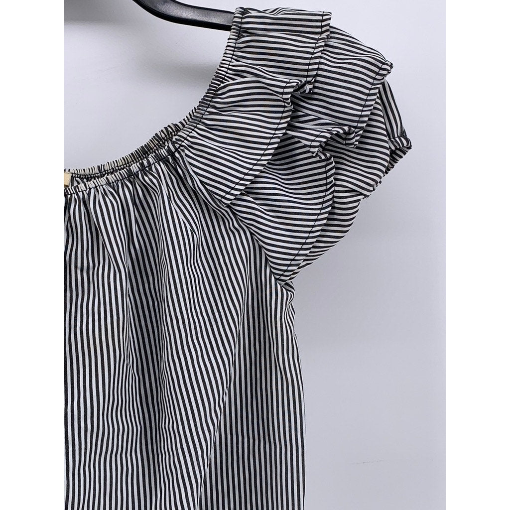 LILY WHITE Women's Black-White Striped Off-The-Shoulder Tie Hem Ruffle Top SZ M