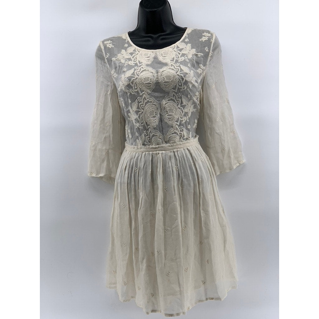 MAJE Women's Beige Floral Lace Crewneck Long Sleeve A-Line Mini Dress SZ 2