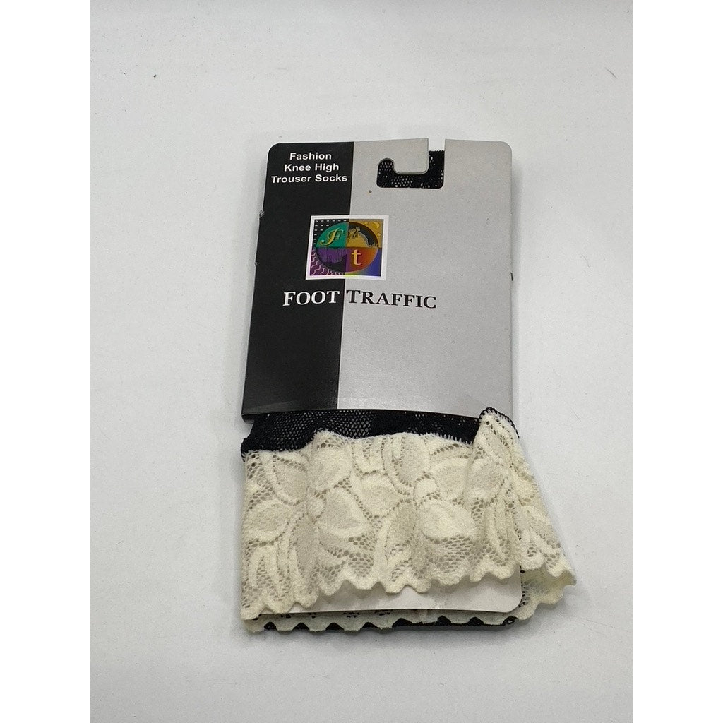 FOOT TRAFFIC Women's Ivory-Black Lace Colorblock Knee High Trouser Socks SZ OS