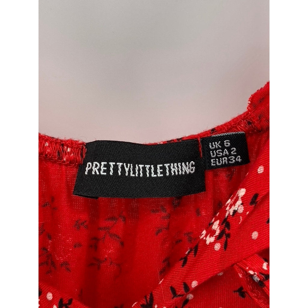 PRETTYLITTLETHING Women's Red Ditsy Floral Lace-Up Bodycon Mini Dress SZ 2