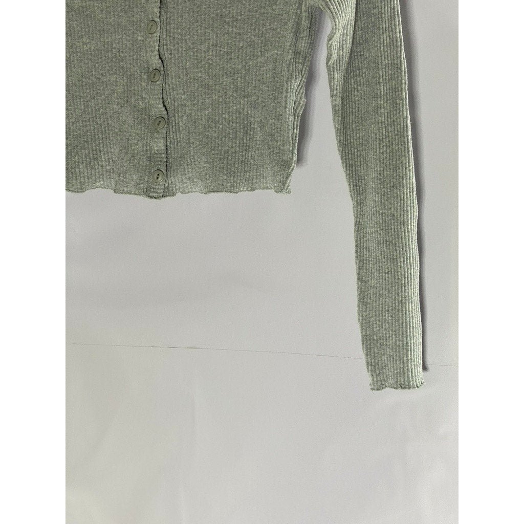 URBAN OUTFITTERS Women's Gray Ribbed Button-Front Long Sleeve Crop Top SZ M