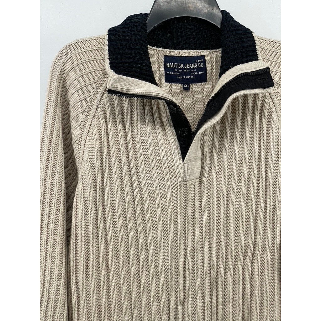 NÁUTICA JEANS CO. Men’s Vintage Beige Ribbed Quarter-Zip Knit Sweater SZ XXL
