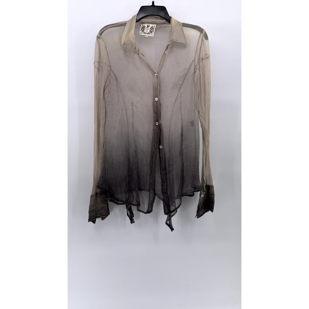 NIGEL PRESTON & KNIGHT Women’s Tan-Black Button-Up Long Sleeve Sheer Top SZ L