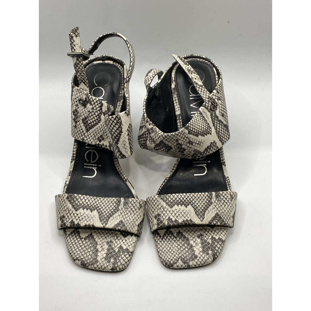 CALVIN KLEIN Women's Black-White Qeelin Snake Square-Toe Heeled Sandals SZ 6.5