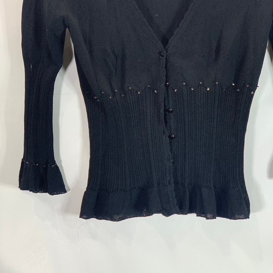 BLUMARINE Women's Black Beaded Vintage V-Neck Button-Up Cardigan SZ XS(4)