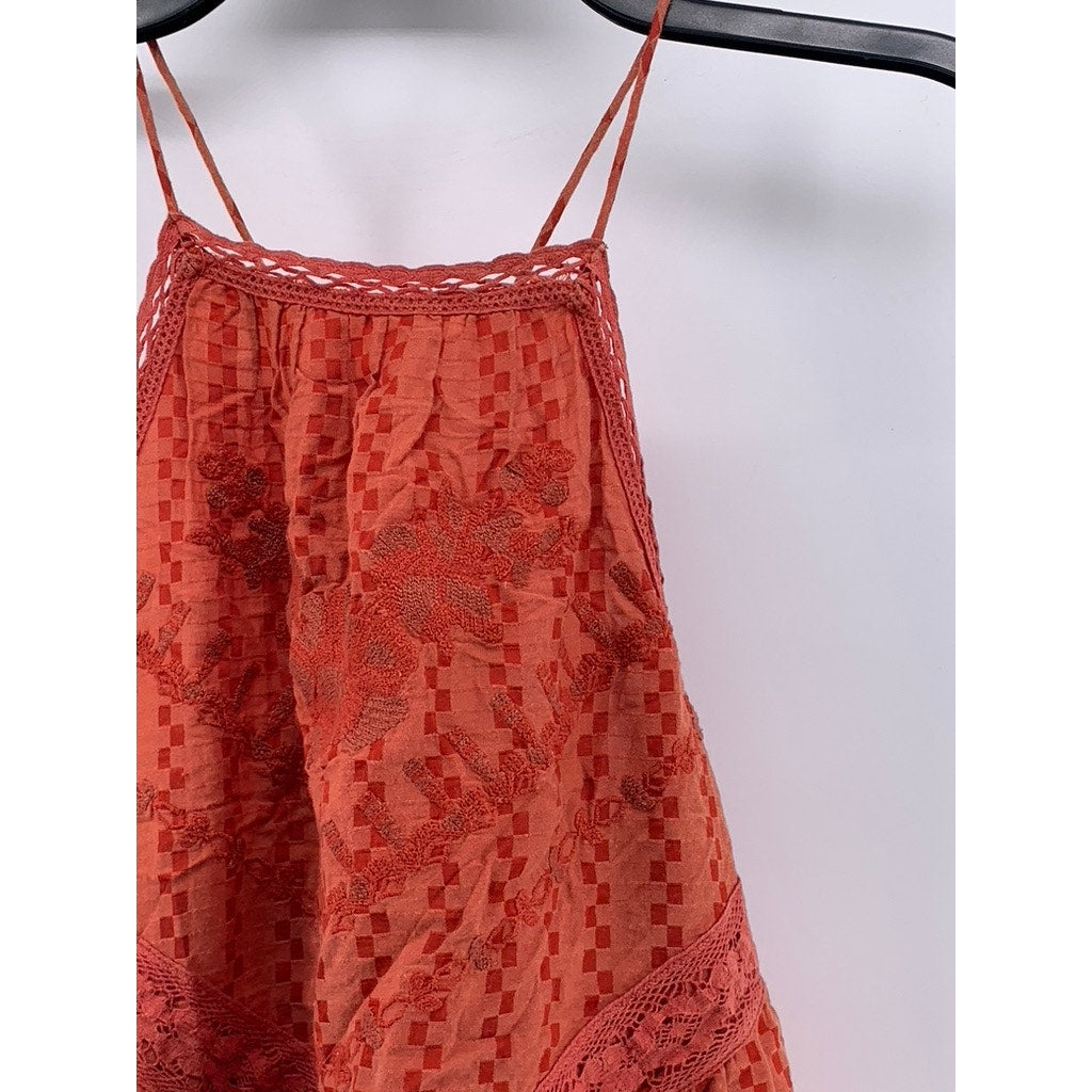 ATTIC SALT Women's Orange Square Print Embroidered Lace-Trim Sleeveless Top SZ S