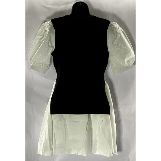 ENGLISH FACTORY Women's Black/White Short Puff Sleeve Poplin Mini Dress SZ M