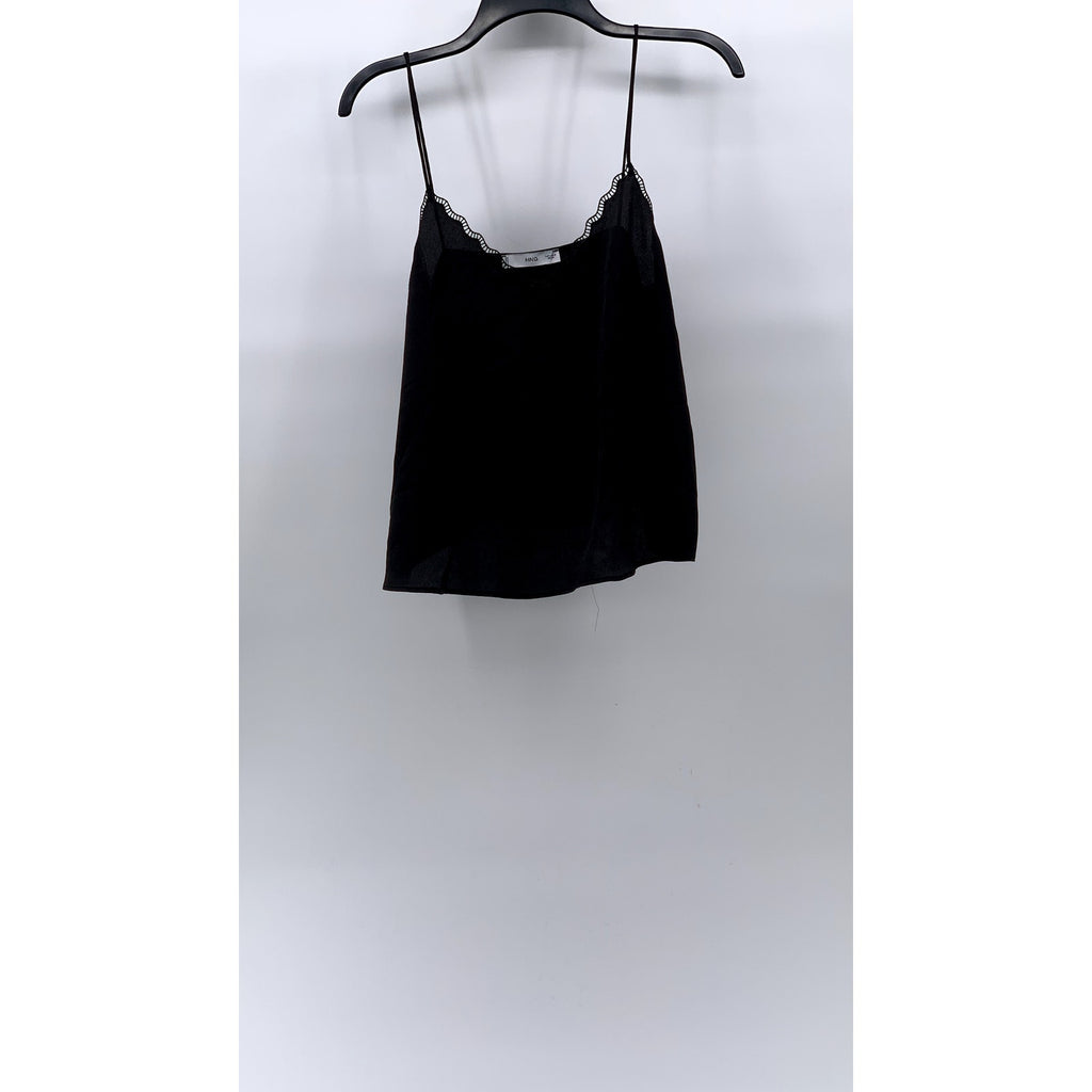 MNG By MANGO Women's Black V-Neck Lace-Trim Spaghetti Strap Cami Top SZ M