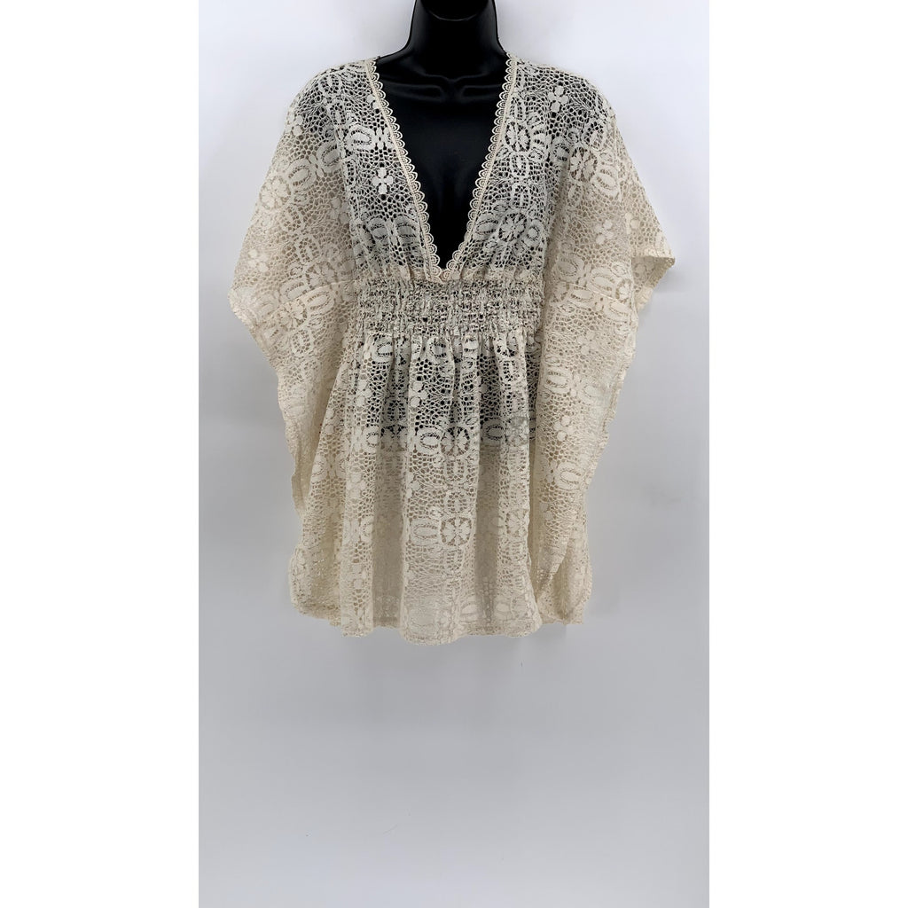 XHILARATION Women's Beige Floral Lace V-Neck Short Sleeve Swim Cover-Up SZ M
