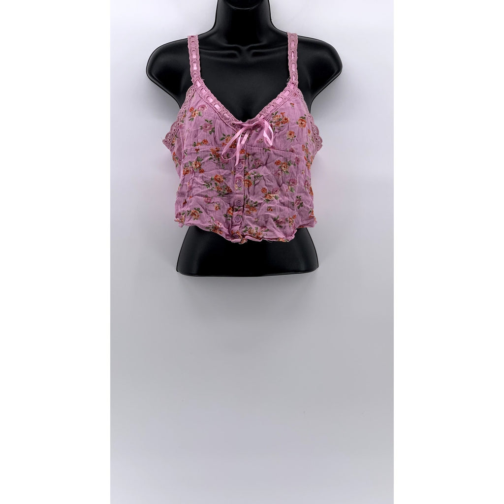 JUST POLLY Juniors' Pink Floral Printed Ribbon Trim Top SZ M
