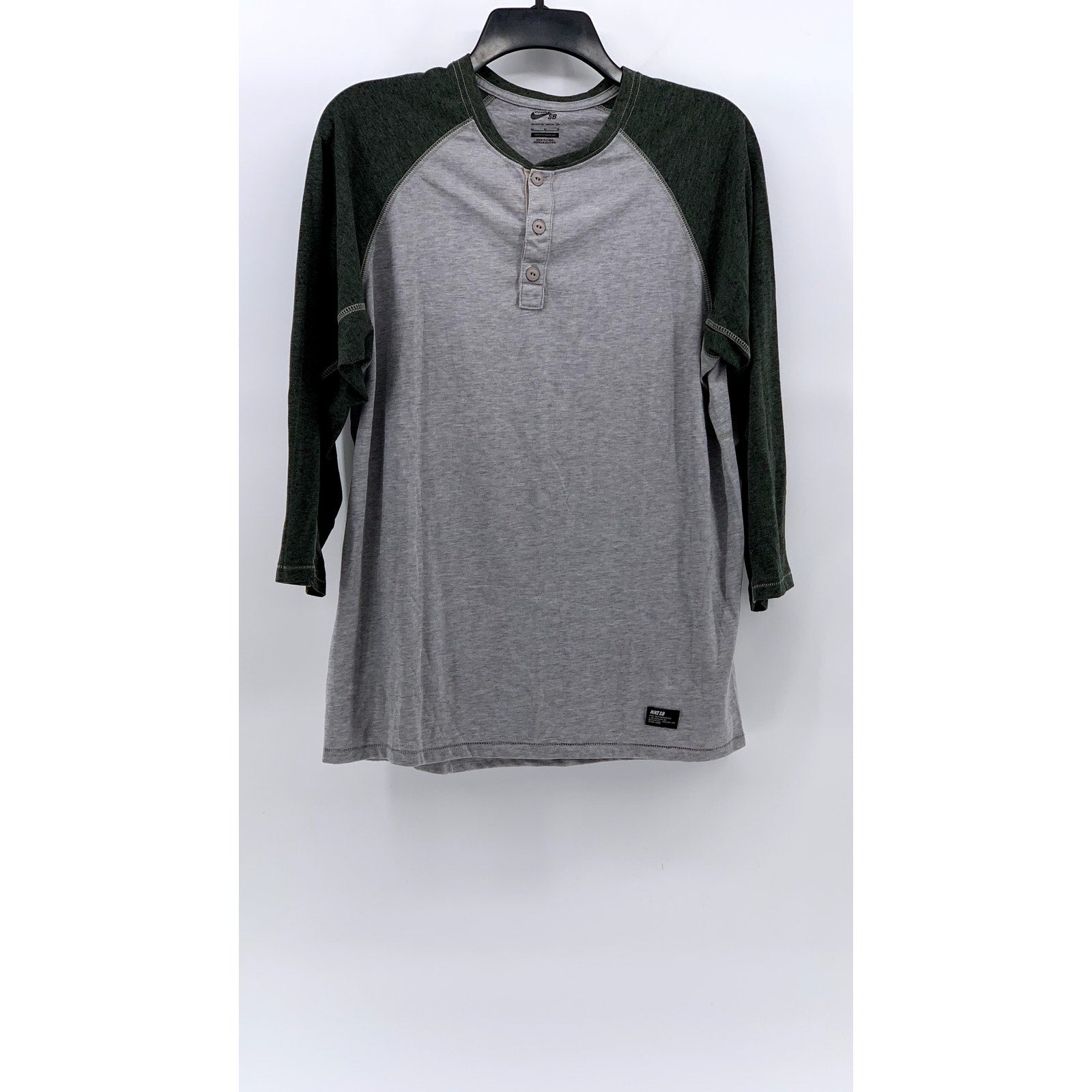 NIKE SB Men's Green- Heather Gray Colorblock Long Sleeve Henley T-Shirt SZ M